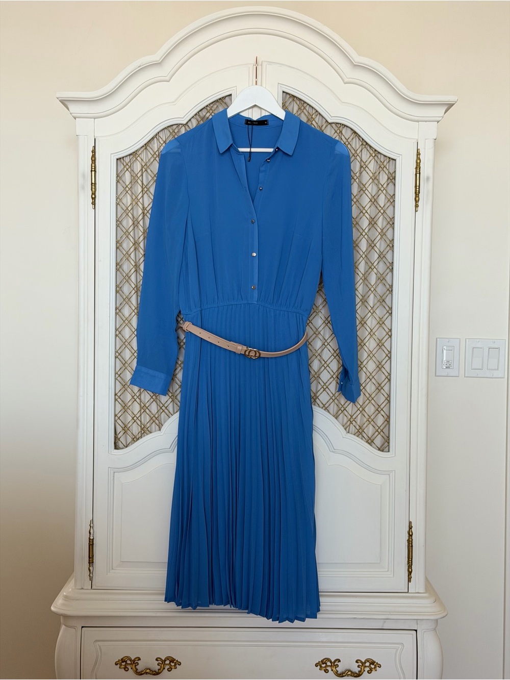 Blue Pleated Shirt Dress with Belt